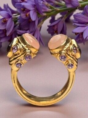 Chunky Etruscan High-end Designer 18k Gold Plated Rose Quartz Amethyst Ring